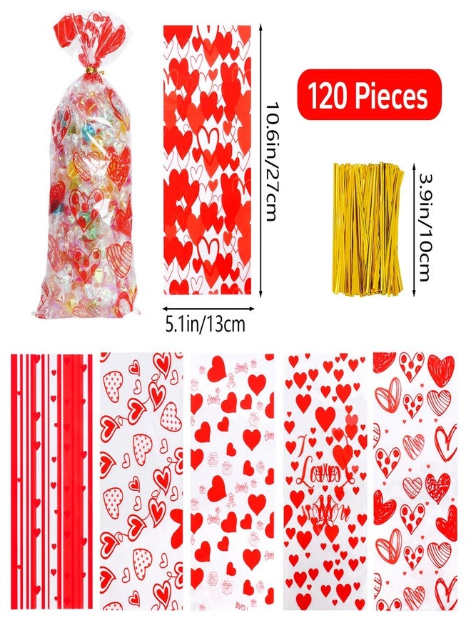 Bskifnn 120PCS Valentine Treat Bags Heart Printed Candy Cookie Goodies Gift Bag with Twist Ties Valentine Cellophane Treat Bags for Valentine's Day Mother's Day 6 Styles - Image 2